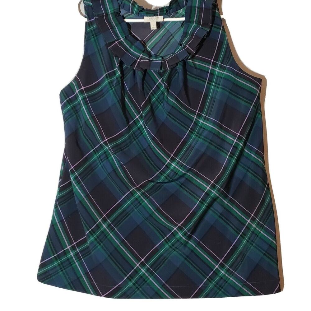 TALBOTS SLEEVELESS BLOUSE SZ SM GREEN PLAID RUFFLES TANK TOP OFFICE CASUAL